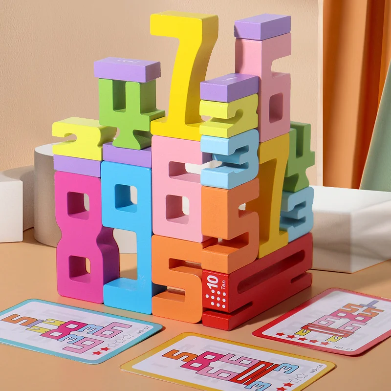 Kid Big Digital Balance Stacked Building Blocks 3D Wooden Number Model Balanc Game Montessori Educational Math Toy Learning 1-10