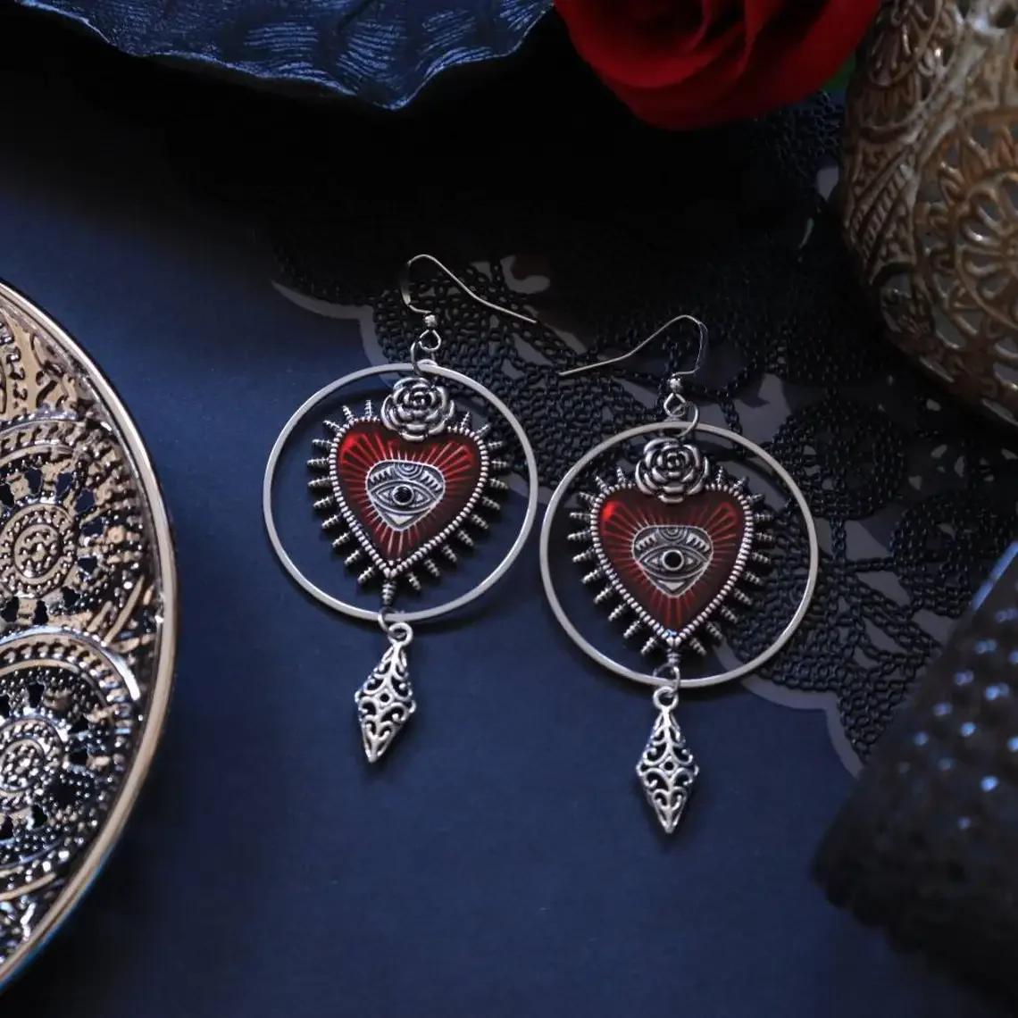 Gothic Silver Eyes Pattern Red Heart Shape Pendant Earrings