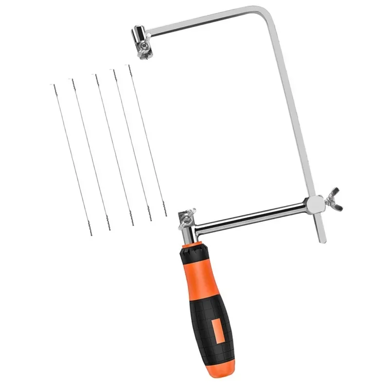 إطار منشار مجوهرات قابل للتعديل - مقبض برتقالي وأسود، 5 شفرات منشار للقطع الدقيق في أعمال النجارة وصناعة المجوهرات بنفسك