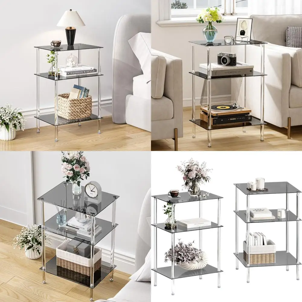 

Set of 2 Clear Acrylic 3-Tier Side Tables with Storage Shelves for Small Spaces, Bedroom, Living Room, and Office