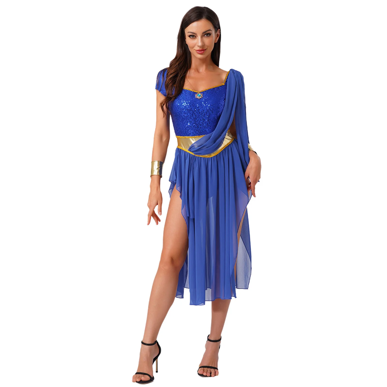 

Womens Ancient Greek Roman Goddesses Princess Costume One Shoulder Sequin Dress Halloween Carnival Party Belly Dance Costume