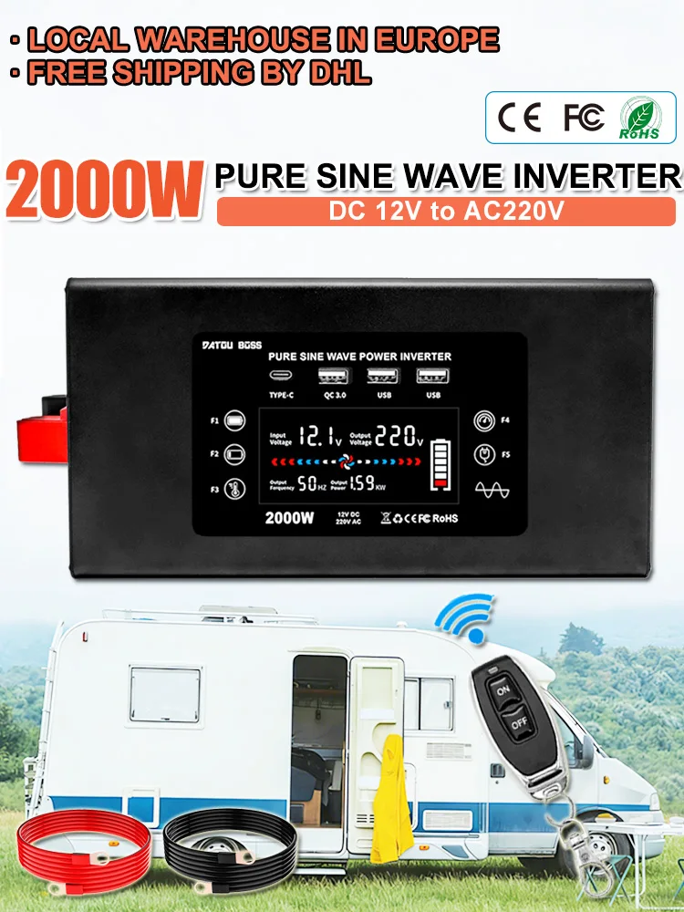 DATOUBOSS 2000 W Convertisseur de tension à onde sinusoïdale pure, 12 V CC vers 220 V CA/230 V CA, pour camping-cars et camions, avec prise USB et écran LCD.