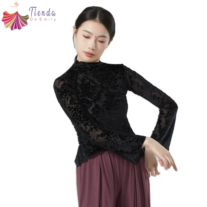 

Classical Dance Top Performance Costume Women Flocked Mesh Long Sleeve Blouse Chinese Dancing Traditional Stage Practice Clothes