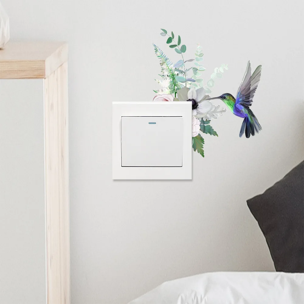 Hummingbird Plant Wall Sticker, Self-Adhesive Switch Decal for Bedroom & Living Room, Peel and Stick Floral Home Decor