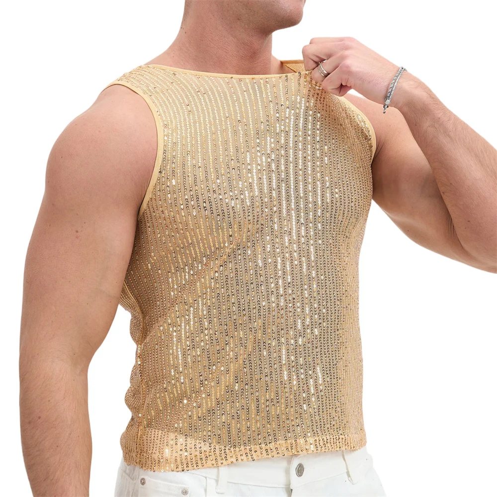 Camisetas sin mangas casuales para hombre, chalecos transparentes de malla con lentejuelas brillantes, tops cortos elásticos y elegantes con brillo, ropa ajustada para fiestas rave y discotecas.