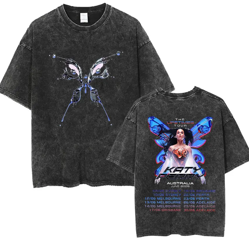 Singer Katy Perry The Lifetimes Tour 2025 New T Shirt Men Women Vintage Washed High Quality T-Shirt y2k Harajuku Clothing Tshirt