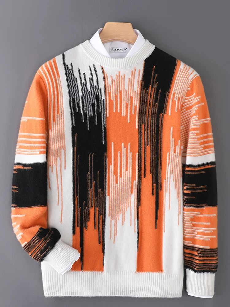Autumn Winter High Quality Fashion Sweaters/Male Color Contrast  Loose Knitted Pullover 100% Wool Man Casual Round Neck Sweaters