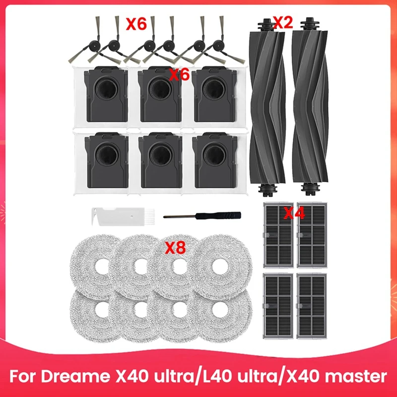 

A44F-Replacement Part For Dreame X40 Ultra/L40 Ultra/X40 Master Vacuum Cleaner Main Side Brush Hepa Filter Mop Pad Dust Bags