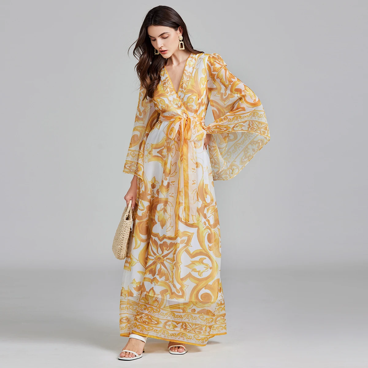 Autumn Yellow And White Porcelain Pring Chiffon Holiday Long Dress Boho Women V Neck Flare Sleeve Lace Up Belt High Waist Robe