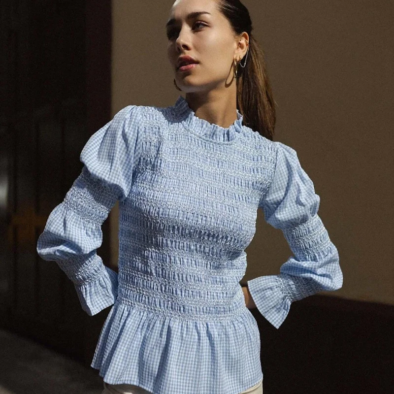 

Elegant shirt plaid print pleated crew neck long sleeve flared slim shirt ladies top fashion pop women's clothing trends shirts