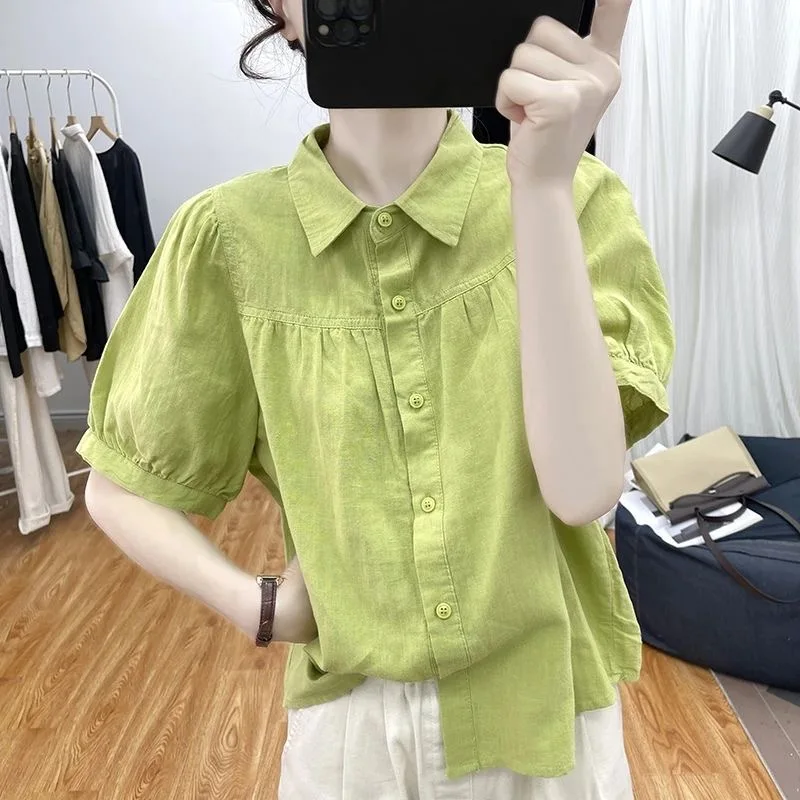 Women's Pure Cotton Short Sleeve  Shirt Lantern Sleeve Commute Versatile Top Fashionable Meat Covering Outer Shirt