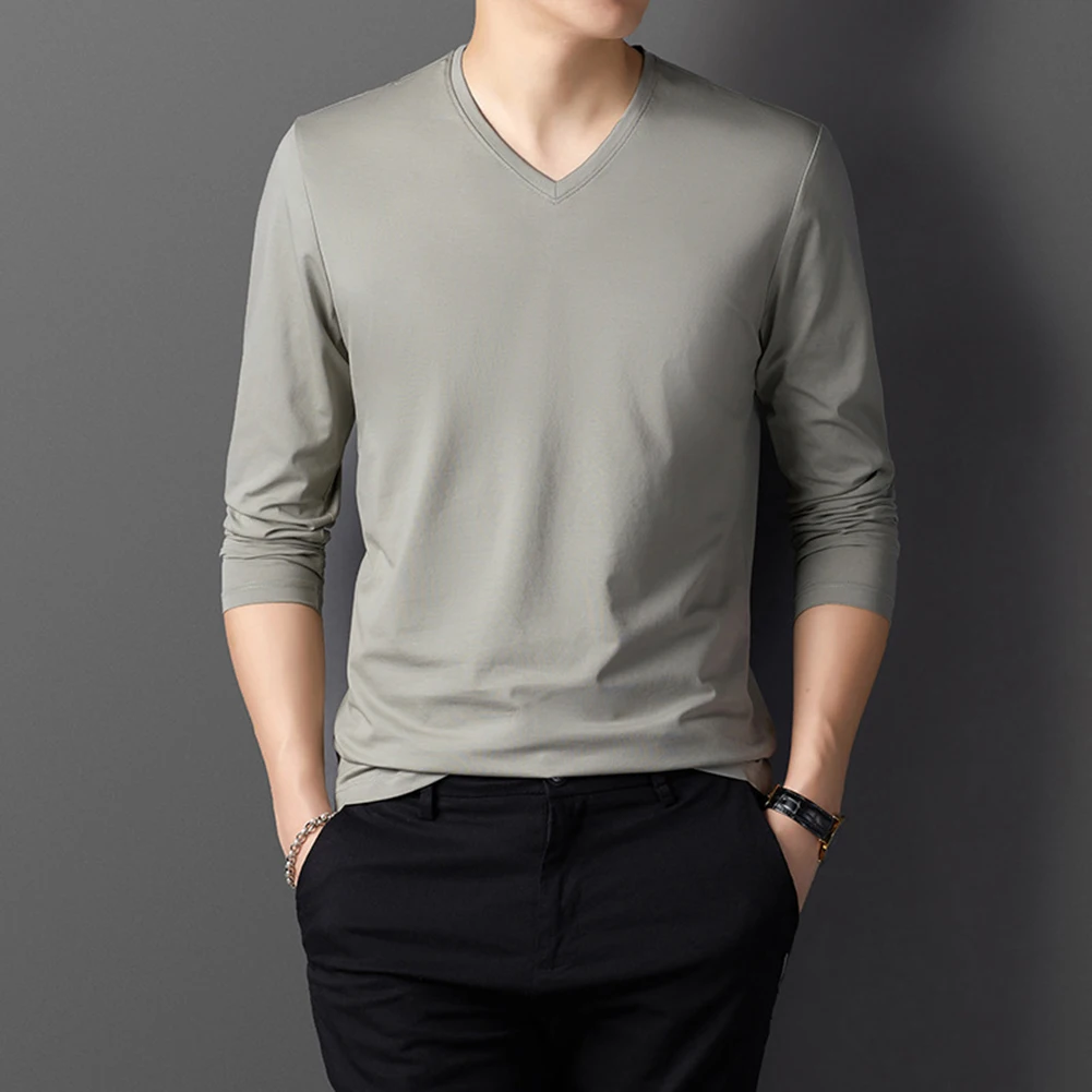 Mens Spring Autumn V-neck Long Sleeve T-Shirt All-match Thin Tops Undershirt