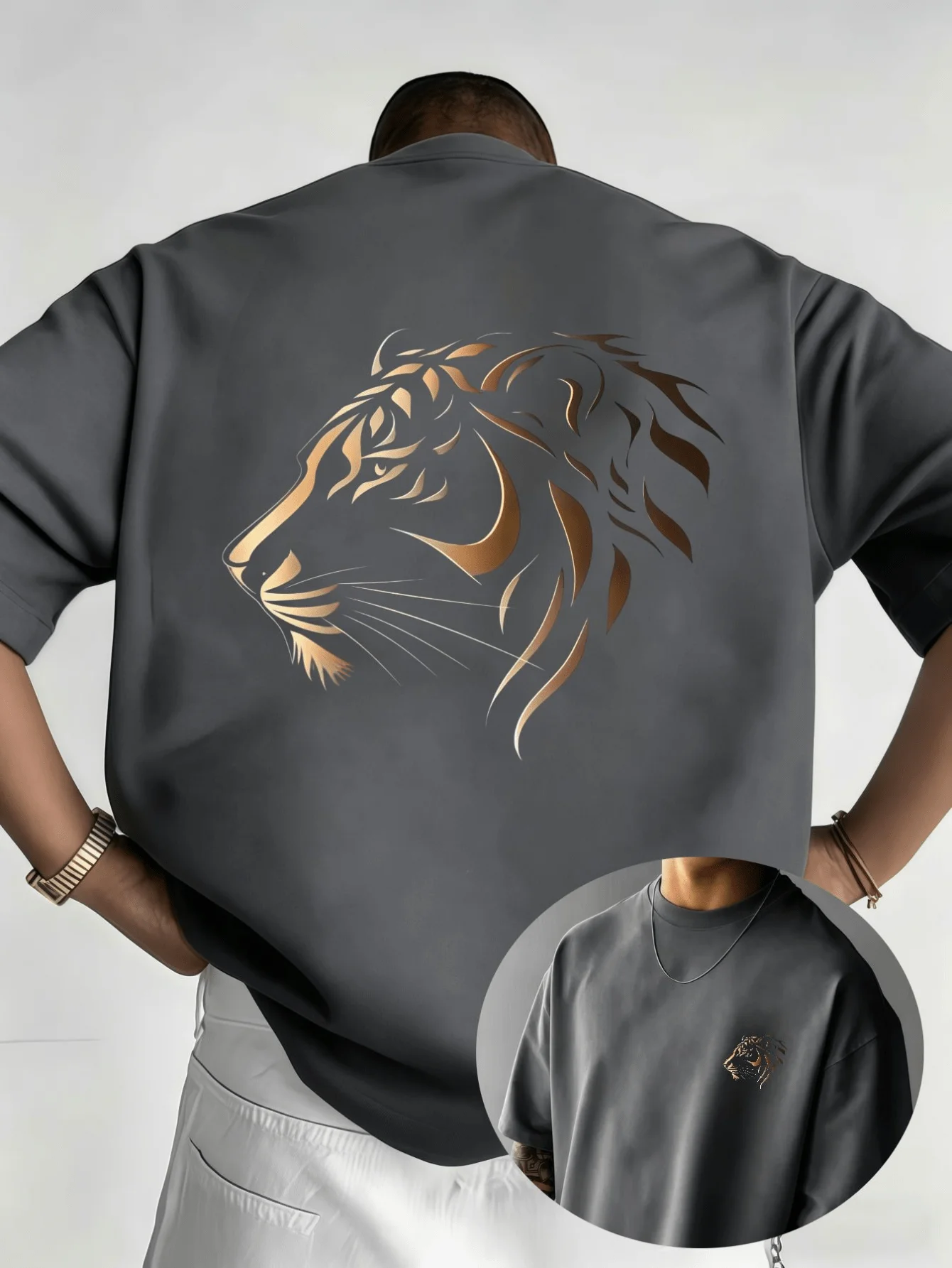 Cool Metallic Style Men's Tiger Head Pattern T-Shirt - 3D Embossed Effect, Stylish Summer Casual Quick-Dry T-Shirt