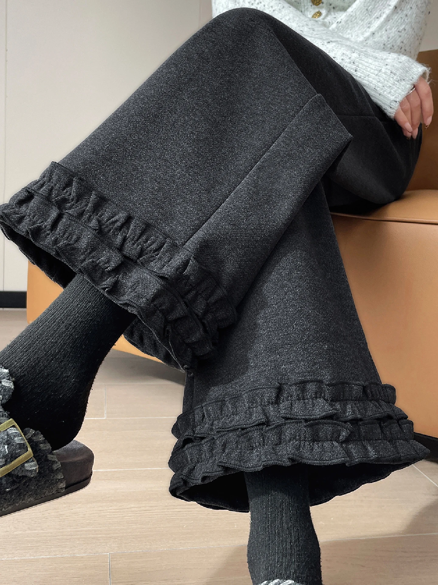 Thiened ey الصوفية متوهج السراويل النسائية الخريف الشتاء عالية الخصر التخسيس تسع نقاط رداء غير رسمية السراويل مع الأذن زهرة الدانتيل