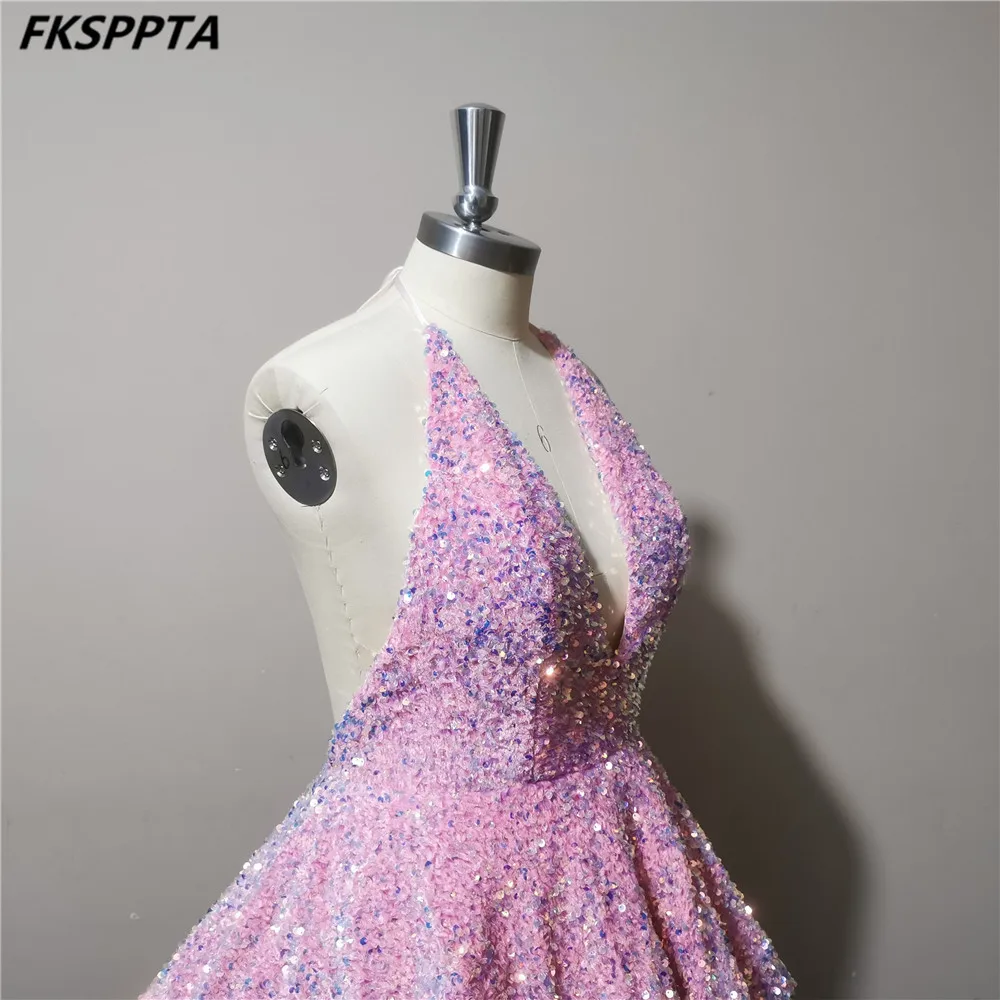 Vestidos De graduación cortos rosas sexys, falda escalonada con Espalda descubierta, lentejuelas estirables, vestidos De fiesta De cumpleaños para