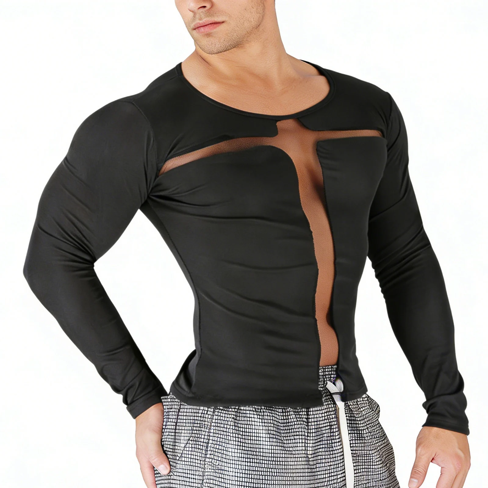 Herren Mode T-Shirt Frühling Streetwear Mesh Cross Gothic Tees Tops Lässig Y2K Herbst Langarm Hochwertig Party T-Shirt – Detail 3