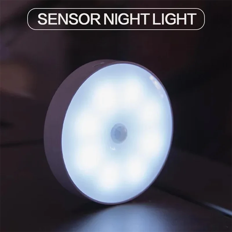 Sensor de Movimento PIR LED Night Light, USB Recarregável, Lâmpada para Cozinha, Armário, Guarda-roupa, Escada, Luz do armário sem fio