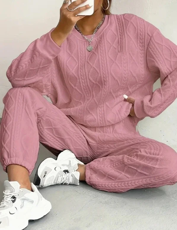 レディースファッション カジュアル ジャカード 長袖 カジュアル ラウンドネック スウェットシャツ ロングパンツ セット 2025 秋新作