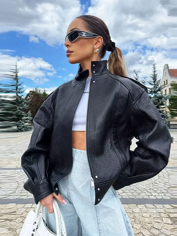 Kurtka damska ze skóry ekologicznej HH na jesień, modna kurtka w stylu high street, płaszcz z długim rękawem, zapinana na zamek, zimowa, codzienna odzież wierzchnia dla kobiet.