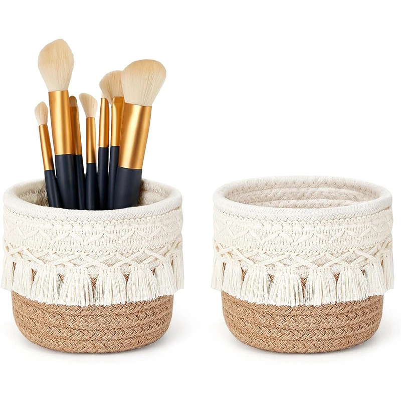 

Woven Storage Box Cosmetic Basket Makeup Brush Storage Holder Vanity Organizer Box for Home Decor Office for Storing Pencils