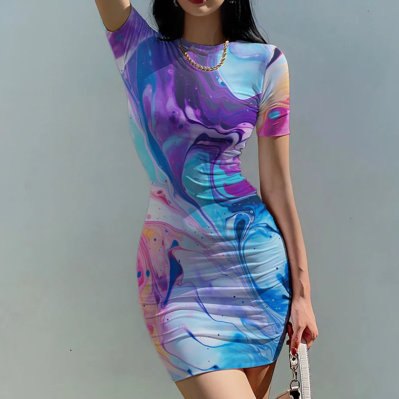 Summer new ladies slim dress color blooming 3D printed lady dress beautiful lady slim dress trend fashion ladies slim dress