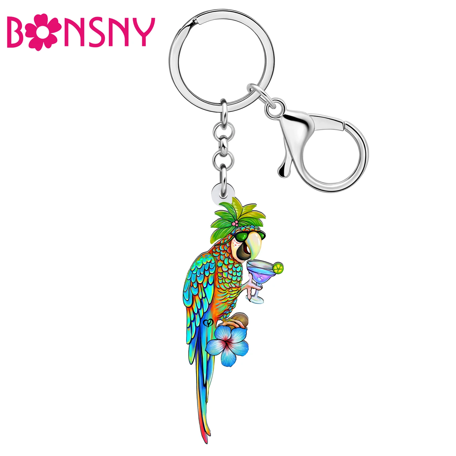 BONSNY Acrylic Flower Macaws Parrot Keychains Charms Car Purse Key Gifts Bird Keyring Fashion Jewelry For Women Girls Kid