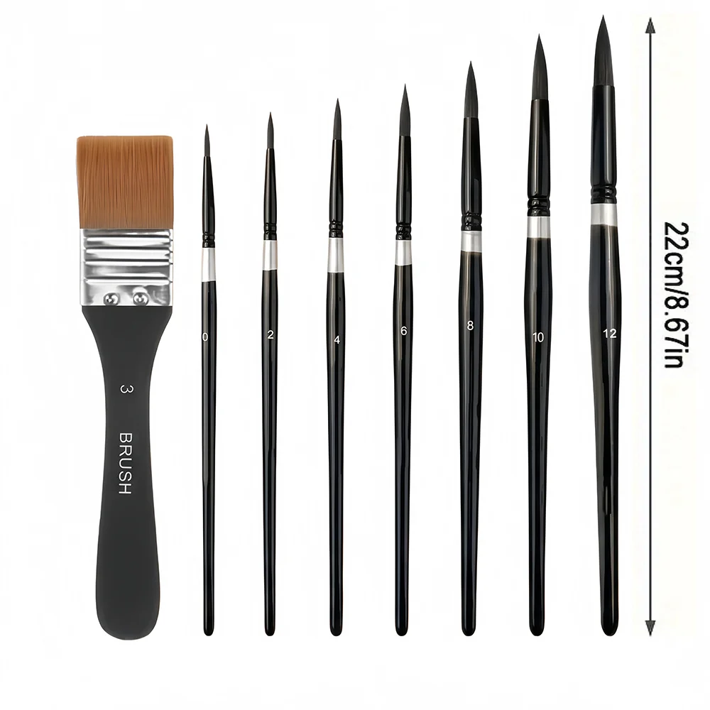 8pcs Nylon Brush Set, Various Sizes of Black Long Handle Elastic Bristles, Suitable for Students and Beginners - Art Supplies
