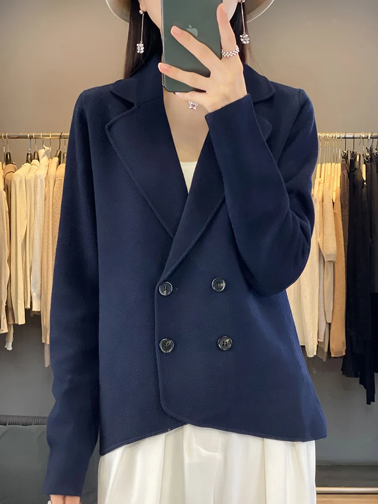 Women Fashion Double Breasted Loose Fitting Blazer Coat Spring Autumn Vintage Long Sleeve Pockets Female Outerwear Chic Top