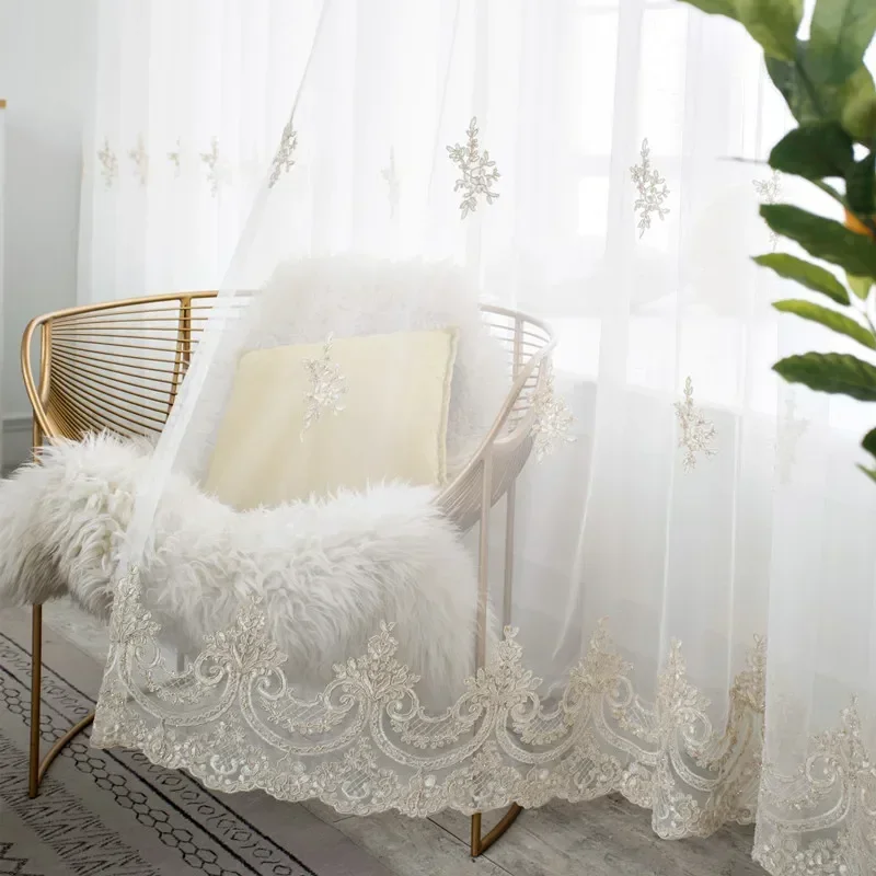 Modern White Embroidered Window Screen Living Room Bedroom Balcony Bay Window French Princess Lace Star Gauze Curtain