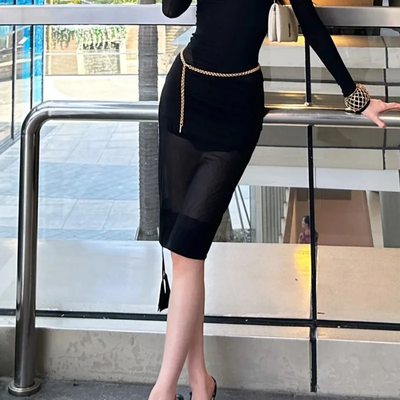 

Sexy Slim-Fit High-Waisted Sheer Tulle Midi Skirt, Y2K E-Girl Streetwear Style, Sleek Bodycon Pencil Skirt for Party Clubwear