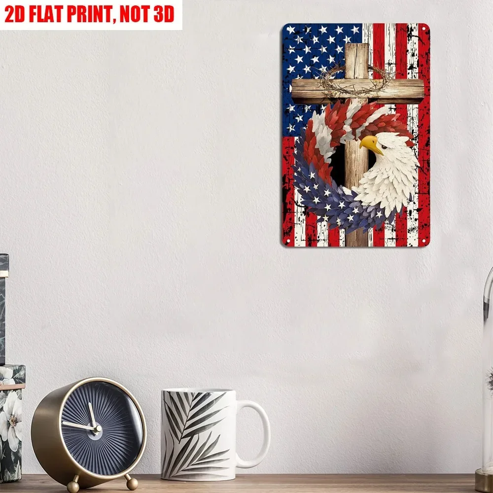 American Flag Bald Eagle Wooden Cross Crown Of Thorns Tin Sign - Vintage Durable Metal Plaque Wall Decor, Home Office Bar Man Ca