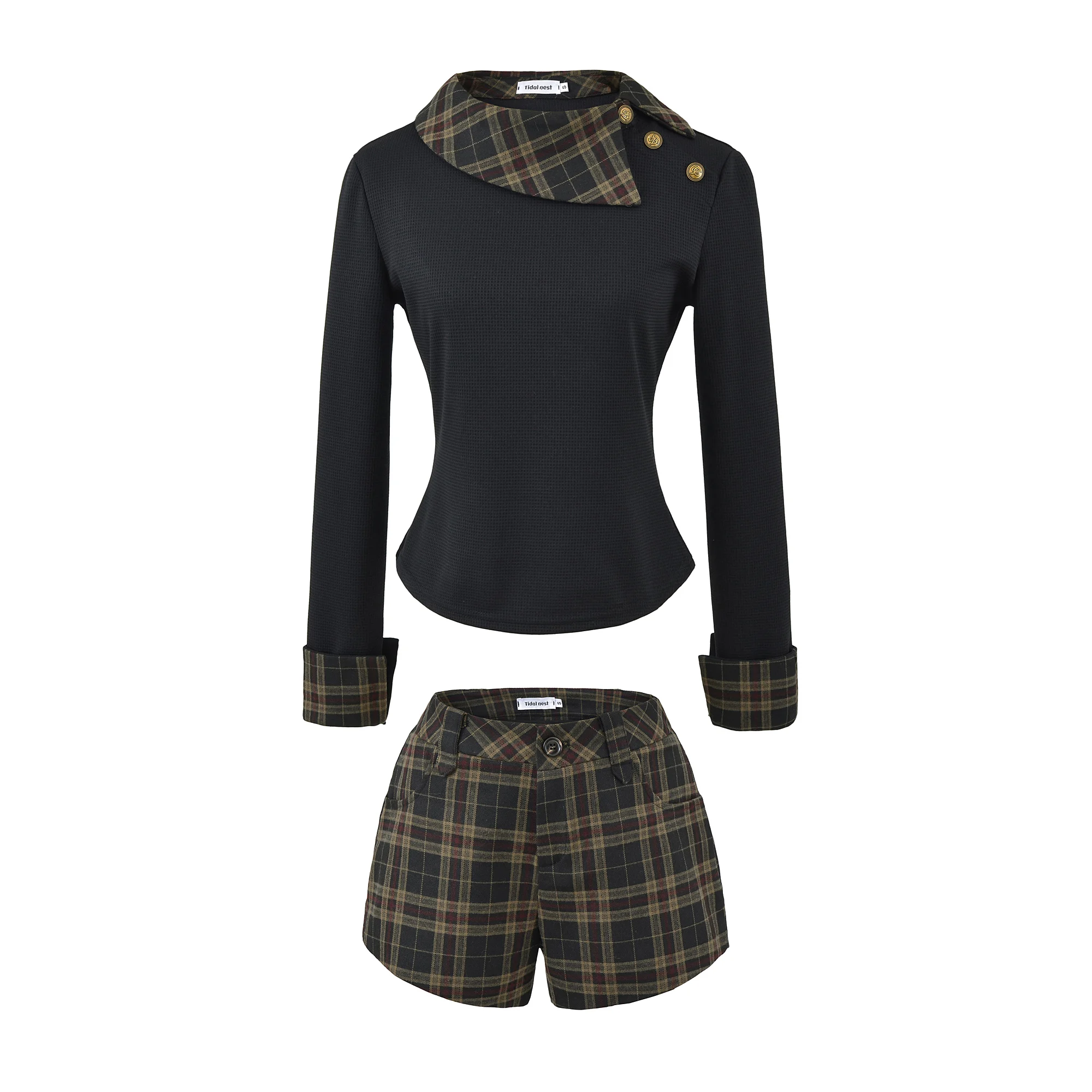 2 pieces 1 set Open Buttons Diagonal Lapel collar Long Sleeve T-shirt + Vintage Middle Waist Plaid Mini Shorts Suits