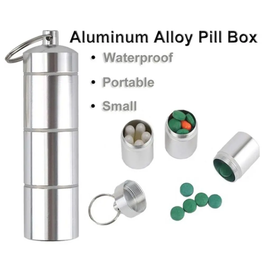 Portable Waterproof Aluminum Alloy Bottom Medicine Tube with Lid Sealed Small Metal Box Storage Organizer for Travel One Week Su
