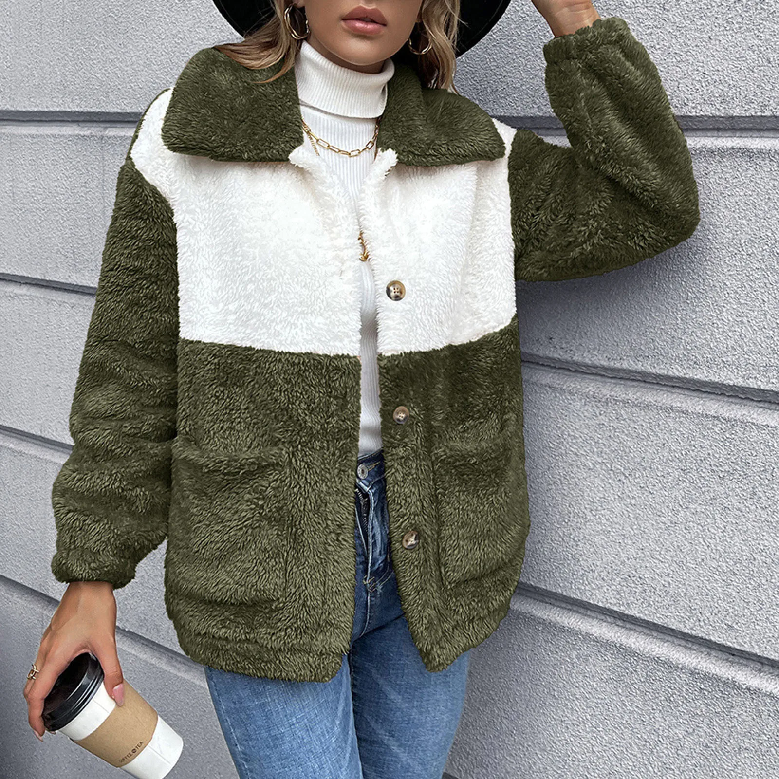 Womens Coat Casual Lapel Fleece Fuzzy Faux Shearling Button Coats Warm Winter Casual Leather Jacket Womens Shirts for Girls