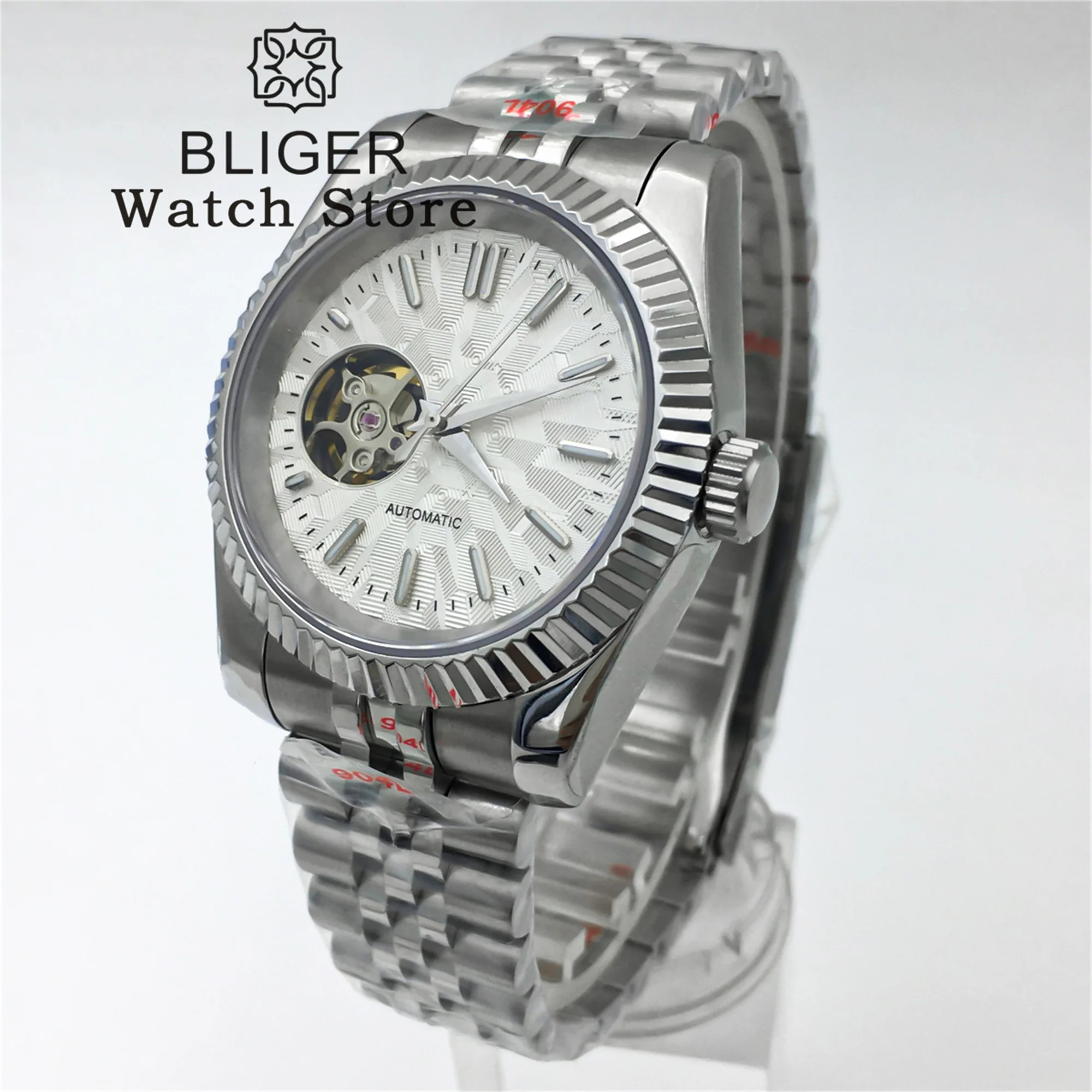 BLIGER 36mm 39mm Fluted Bezel NH38 Automatic Watch for Men Black White Green Blue Hollow Dial Luminous Index 904L Bracelet Clock