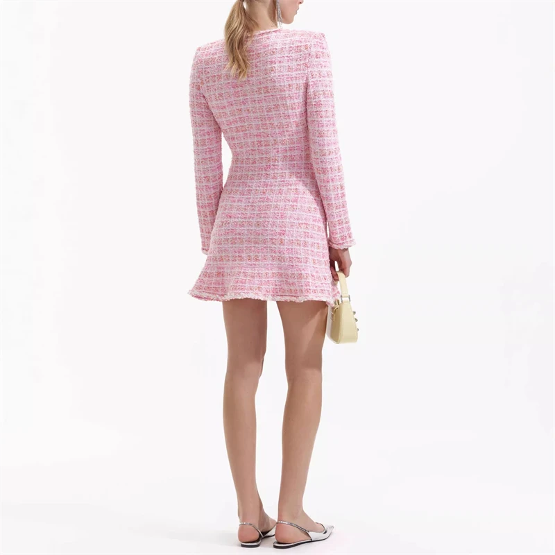 Spring new women\'s round neck pink plaid high quality y2k fashion commuter luxury beaded A-line commuter long-sleeved mini skirt