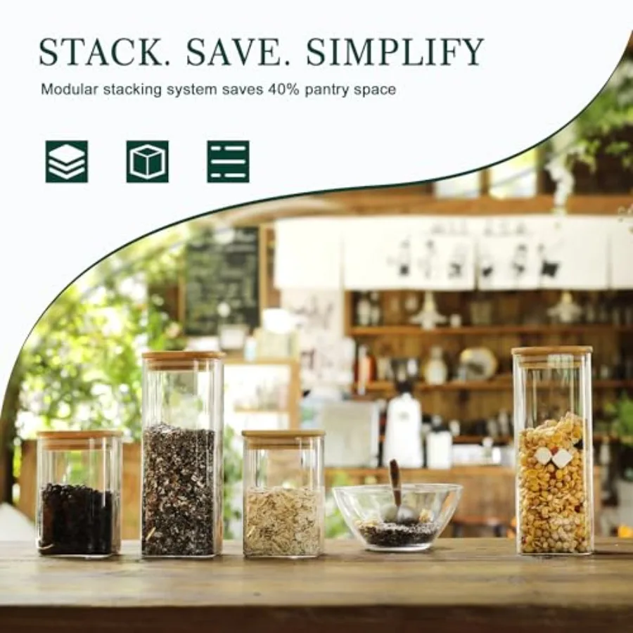 12-Pack Square Glass Storage Jars with Bamboo Lids 0.6Qt/1.06Qt - Stackable Food Containers for Pantry Organization, Coffee, Fl view 4