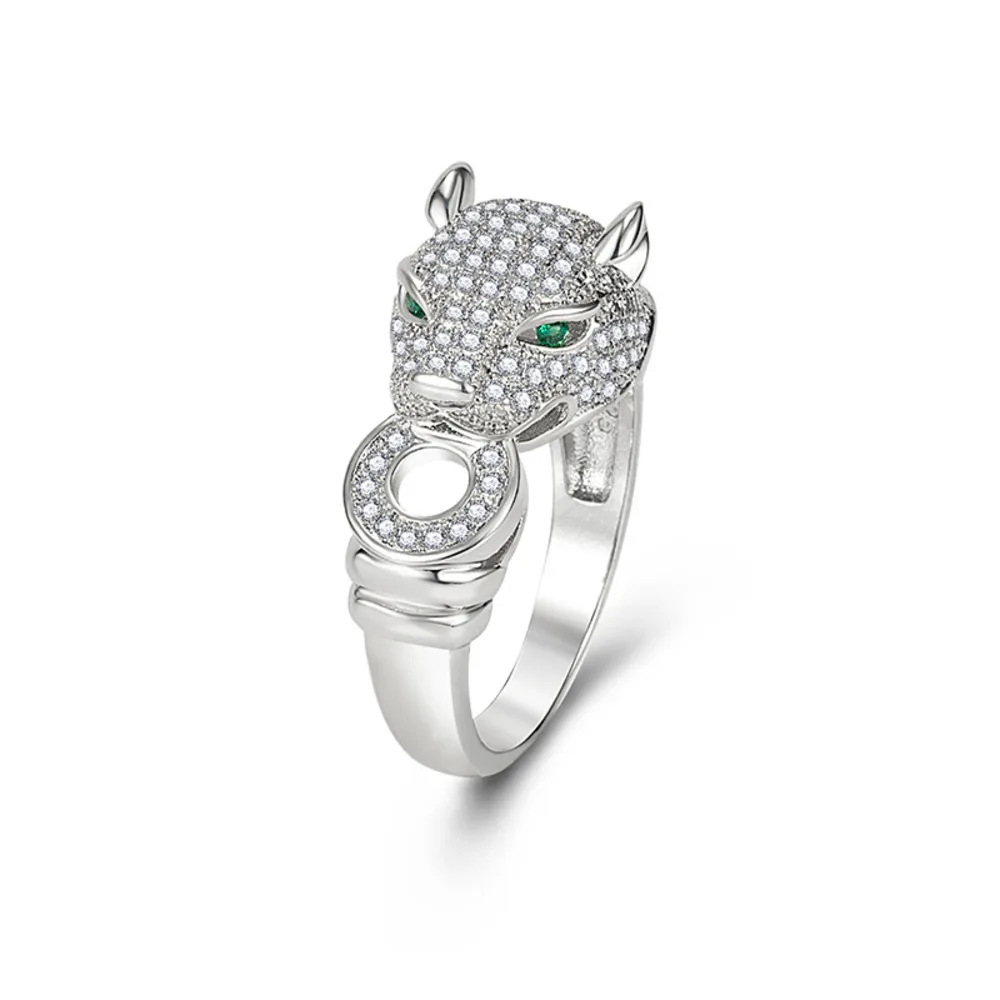WOSIKATE 925 Sterling Silver Vintage Emerald Creative Leopard Head Rings For Women Fashion Party Wedding Jewelry size 6-10
