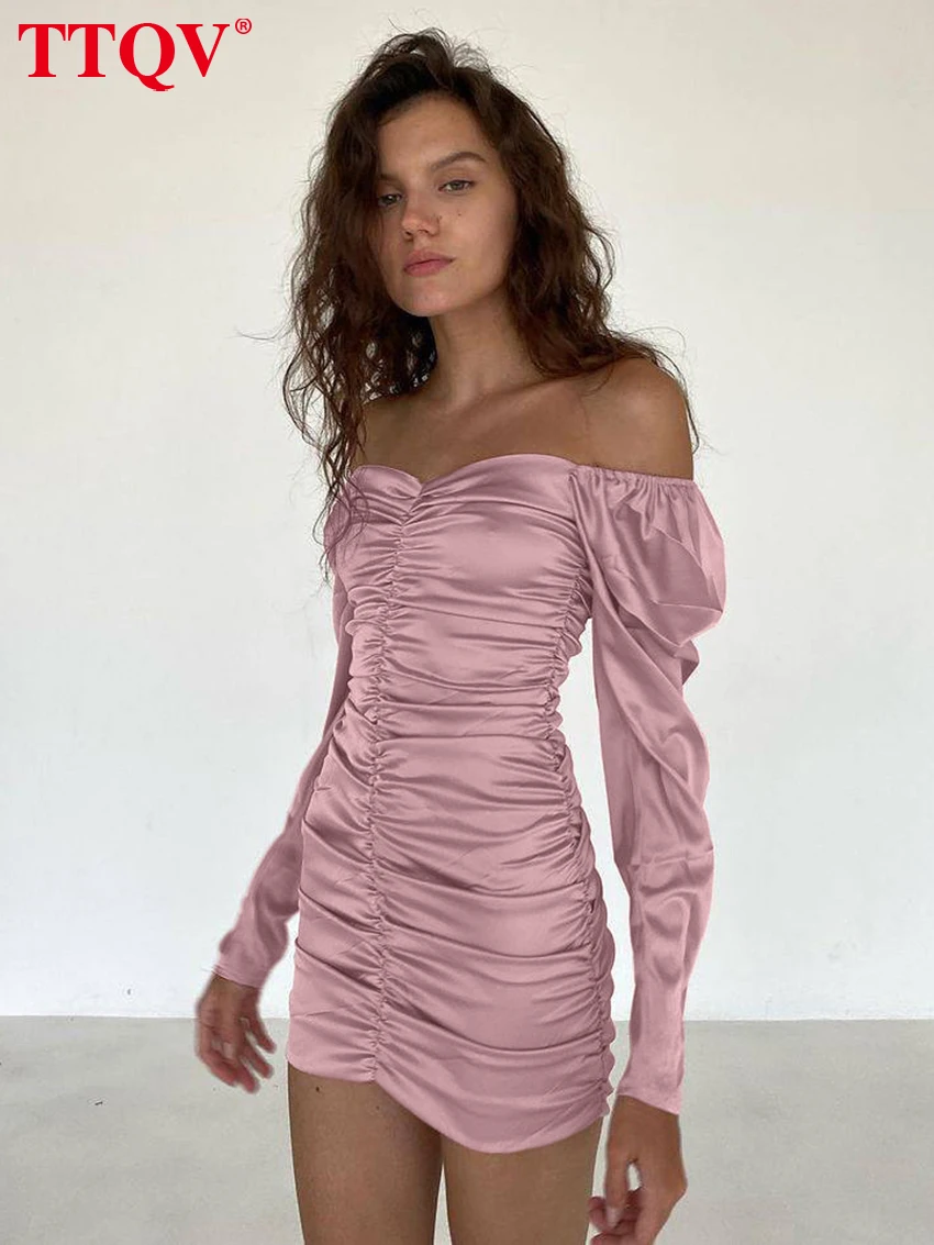 

TTQV Sexy Slim Black Satin Women's Dress 2026 Bodycon Slash Neck Long Sleeve Mini Dresses Elegant Classic Ruched Female Dress