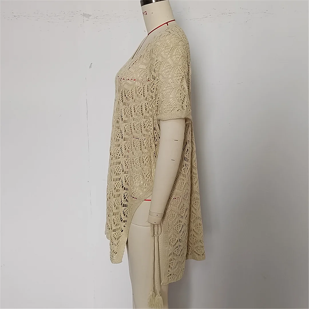 Strandkleid Strandmode Neues Kurzarm-V-Ausschnitt Einfarbiges Häkel-Strick-Tunika Strandkleidung Strandüberwurf Überwürfe Damen V7221 – Detail 12