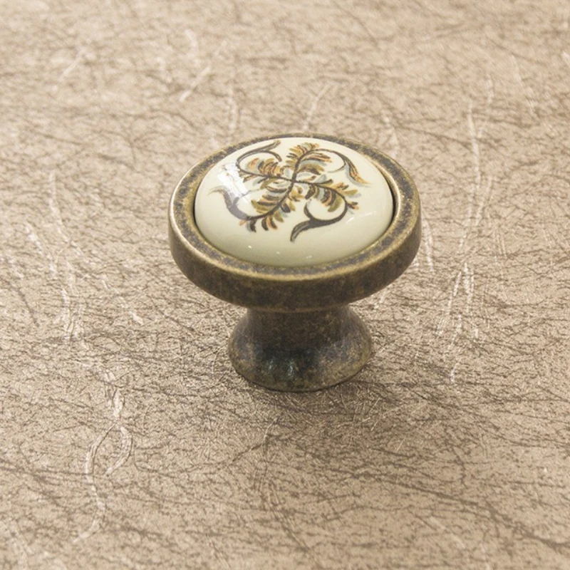 Vintage Handle w/screw Ceramic Grip Metal Trim Pull  Hole Single Knob Retro Flower Painting Pattern Home Decor