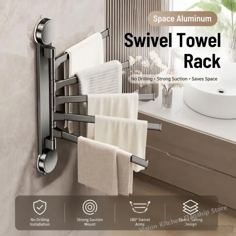 Space Aluminum Suction Cup Towel Rack, Rotating Multi-Bar Towel Holder for Bathroom, No Drill Dishcloth Hanger Organizer