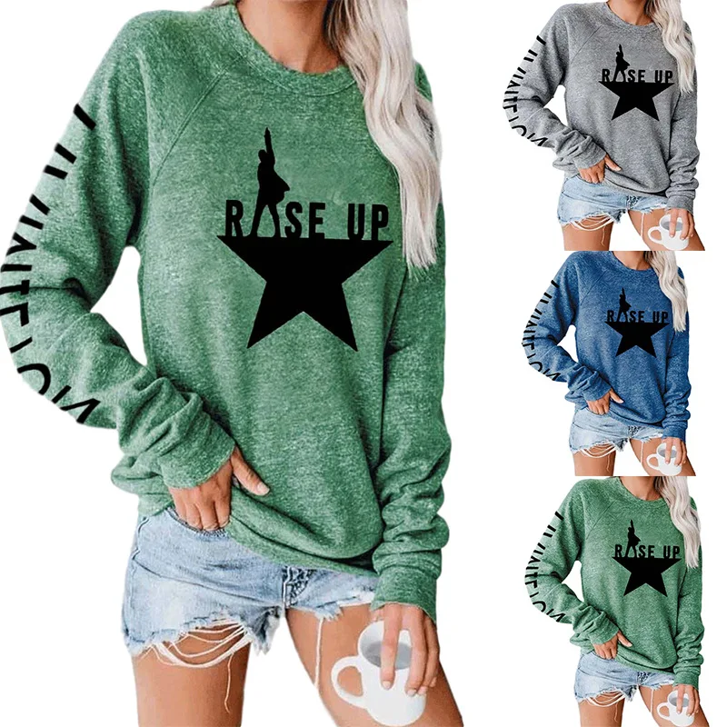 Spring Autumn Women's Five-star Printed Round Neck Long Sleeve Pullover Sweater T-shirt