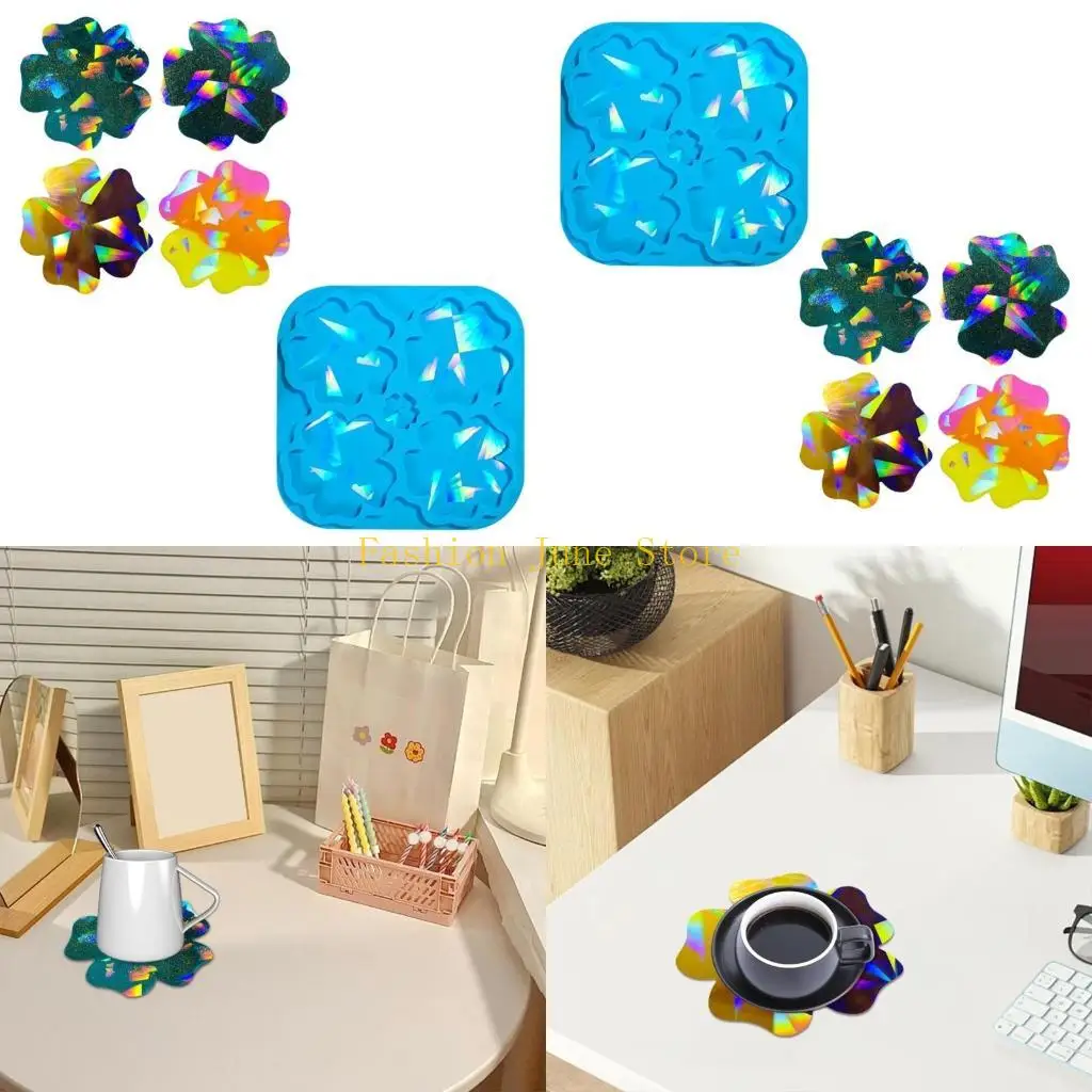 N5KA Holographical Flower Pattern Silicone Mold Epoxy Resin Florals Shaped Cup Mat Mould Jewelry Making Supplies