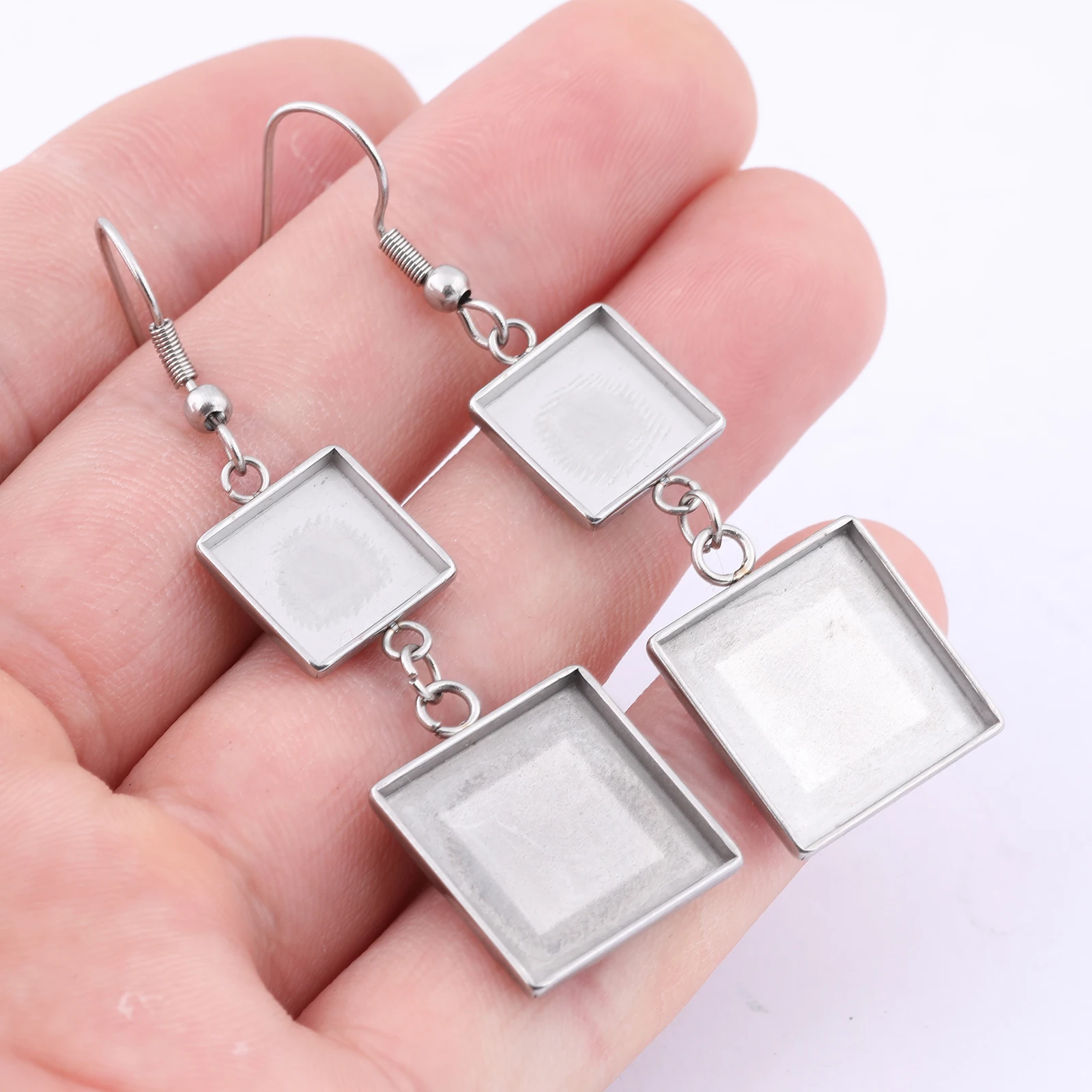 10pcs Stainless Steel Fit 10mm 15mm Square Cabochon Earring Bezel Setting Blanks With Dangle Charms Diy Ear Hooks Findings