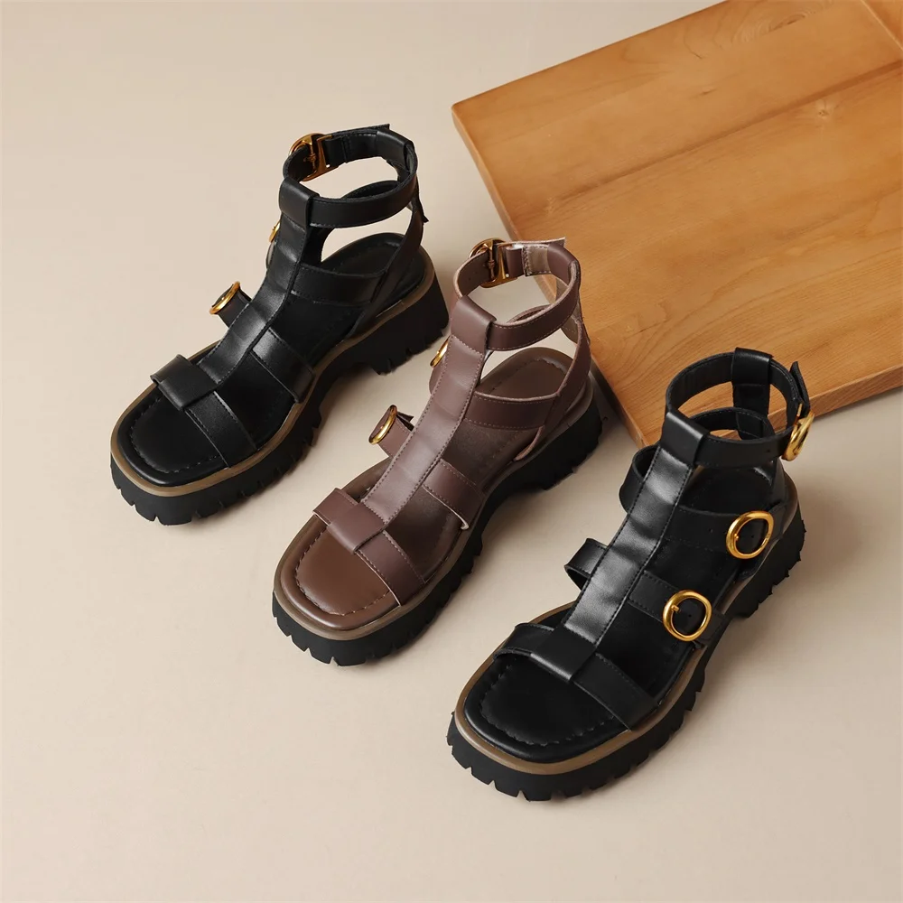 Taoffen New Genuine Cow Leather Sandals For Women Block Mid Heels Buckle Strap Roma Sandals Open Toe Retro Ankle Strap Shoes