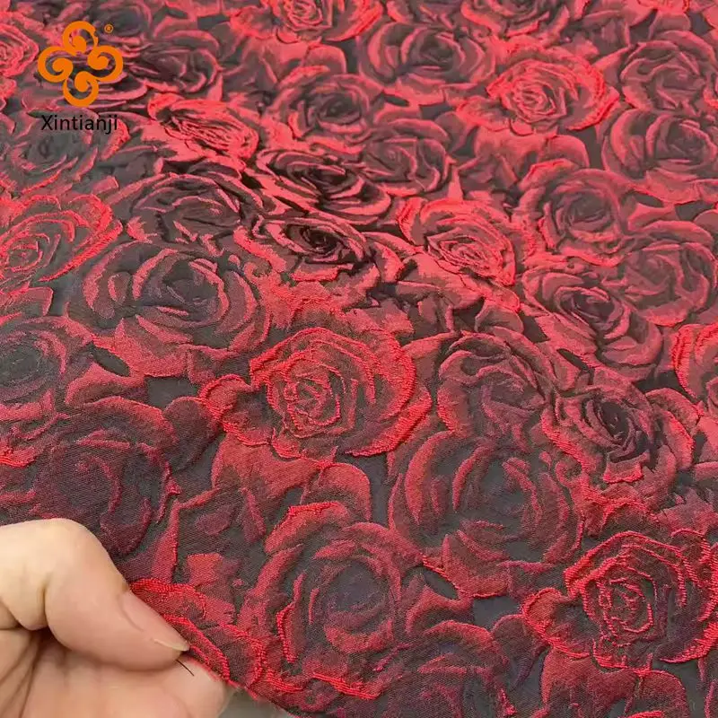 1 Yard Embossed Dark Red 3D Rose Jacquard Fabric Black Yarn-dyed Jacquard Cloth Women\'s Dress Suit Bag DIY Sewing Fabric TJ7517