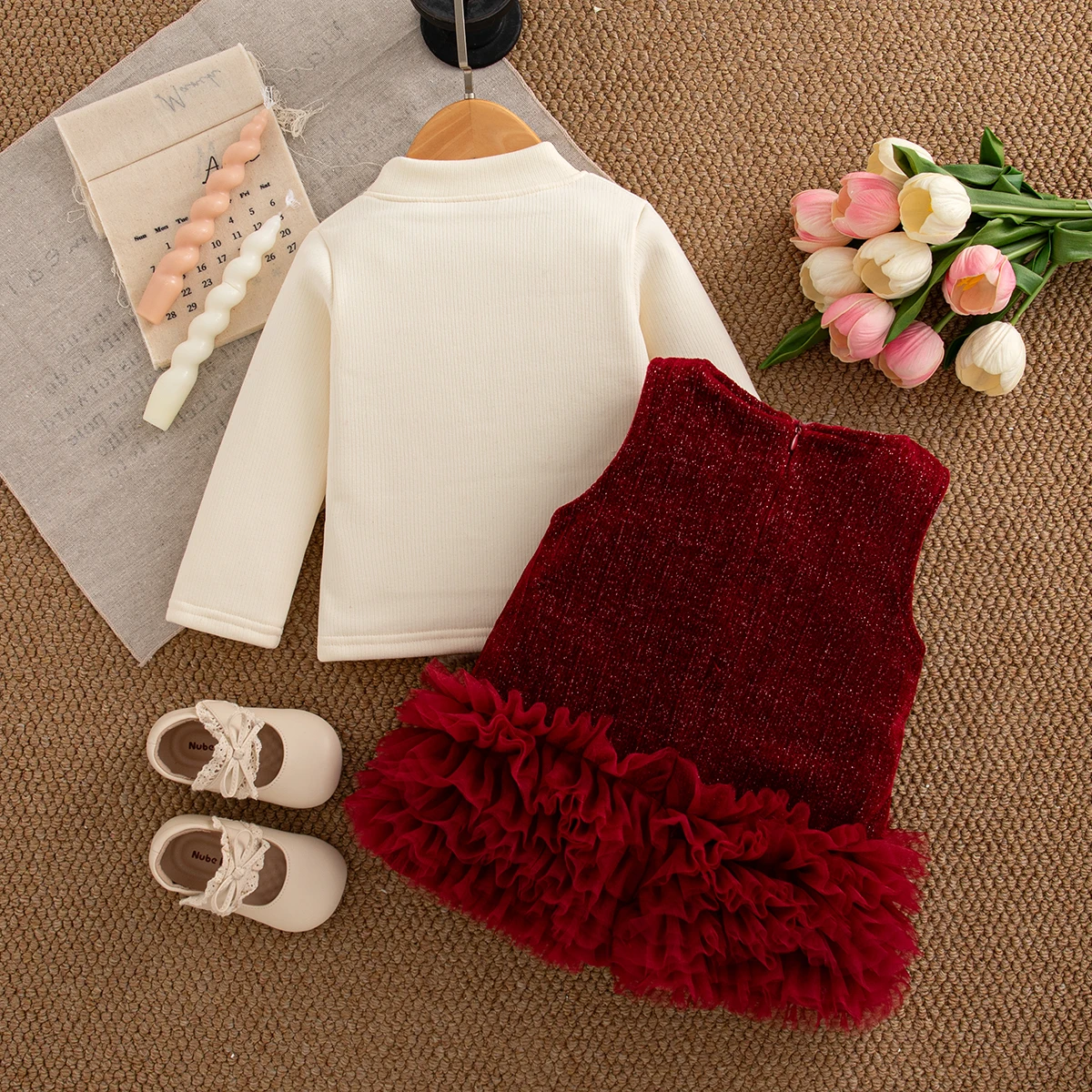 Autumn Baby Girl Christening Dress Set Korean Style Fashion Red Bow Birthday Party Fairy Dress And White Solid Color Sleeved Top