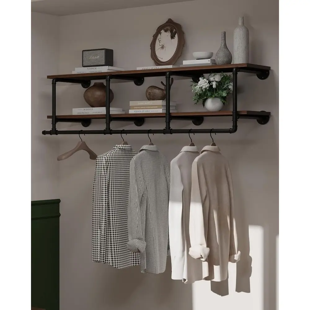 

Настенная вешалка для одежды, глубина 12 дюймов, 60-дюймовая сверхпрочная вешалка для одежды с полкой из натурального орехового дерева, многофункциональная штанга для подвешивания