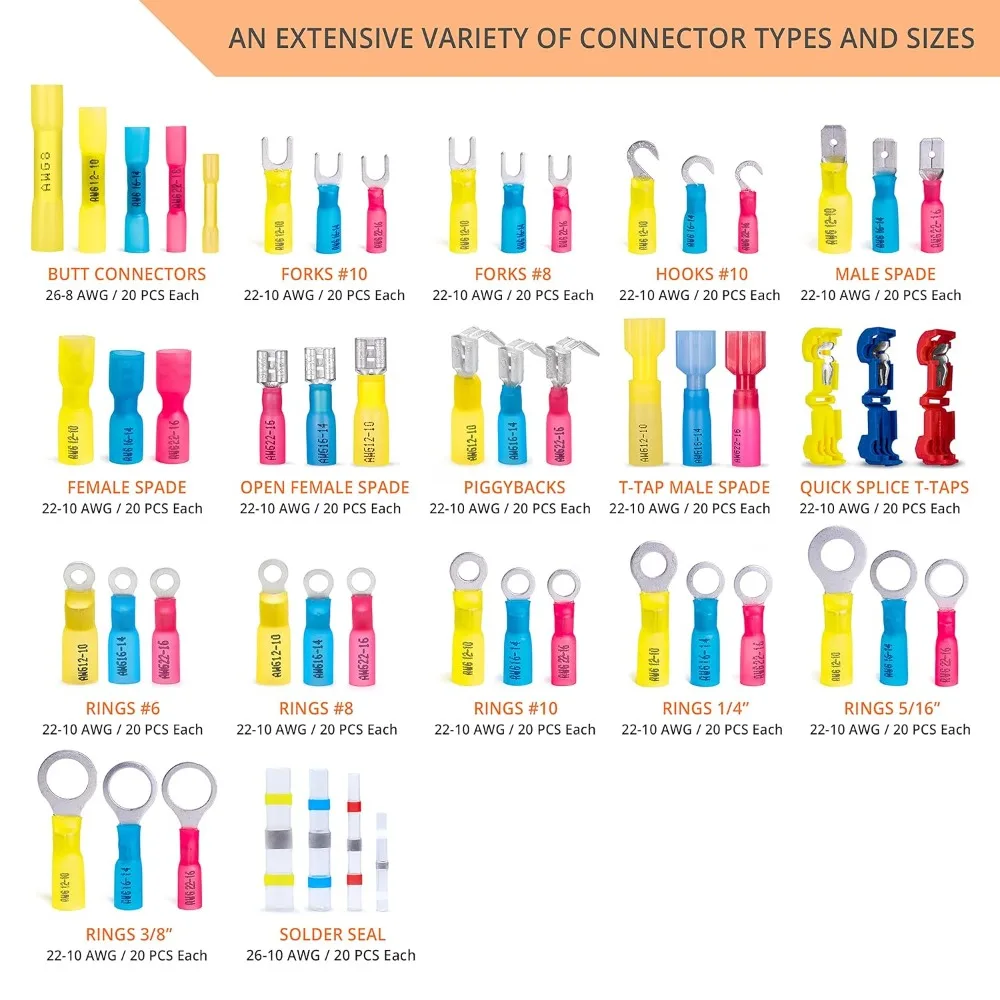 1080 PCS Heat Shrink Wire Connectors Kit, Automotive Butt Connectors, Insulated T-Tap Crimp Terminals